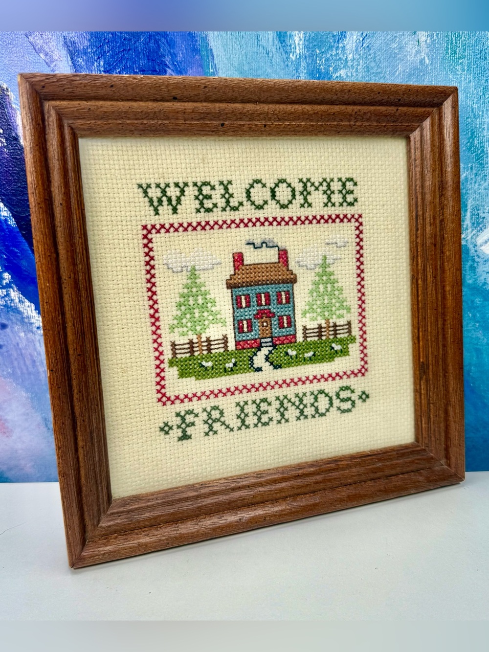 Welcome Friends Framed Cross Stitch Embroidery Art Sheep Blue House Farm